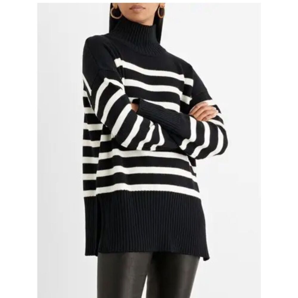 Iris & Ink Sophie Striped Merino Wool Turtleneck Sweater Black Cream M